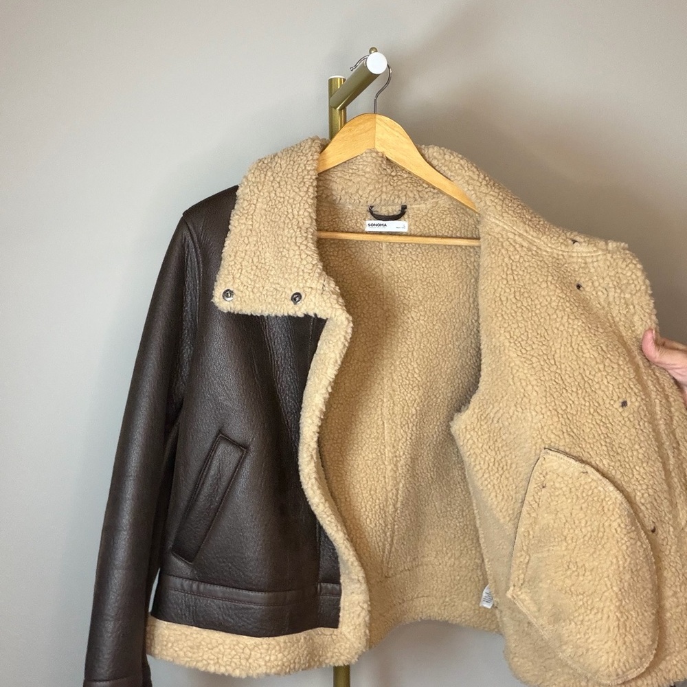 Sonoma Faux Shearling Aviator Jacket Brown Cream Sherpa L - Picture 5 of 7